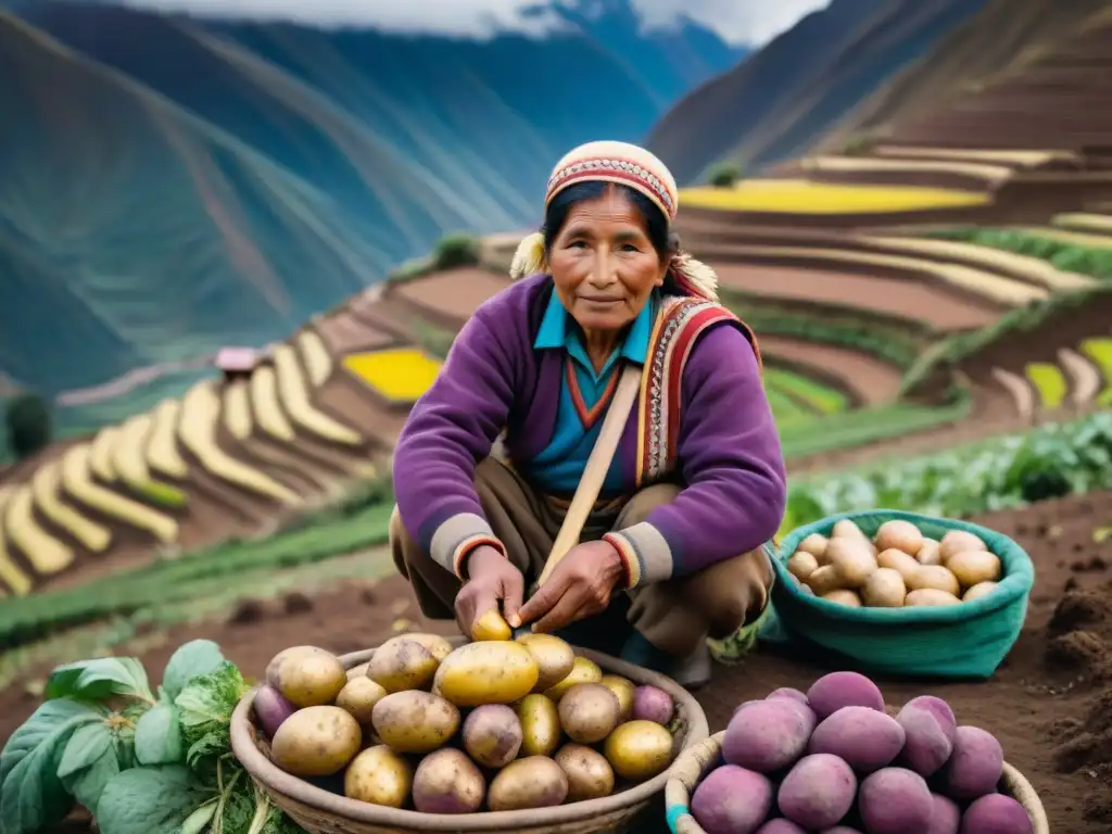 Una familia peruana cosechando papas andinas en los Andes