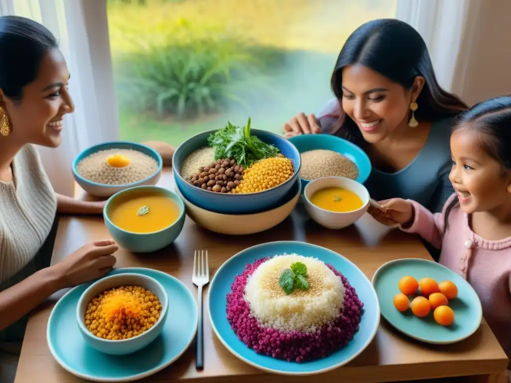 Una familia peruana disfruta de platos nutritivos con supergranos andinos en una mesa colorida y acogedora