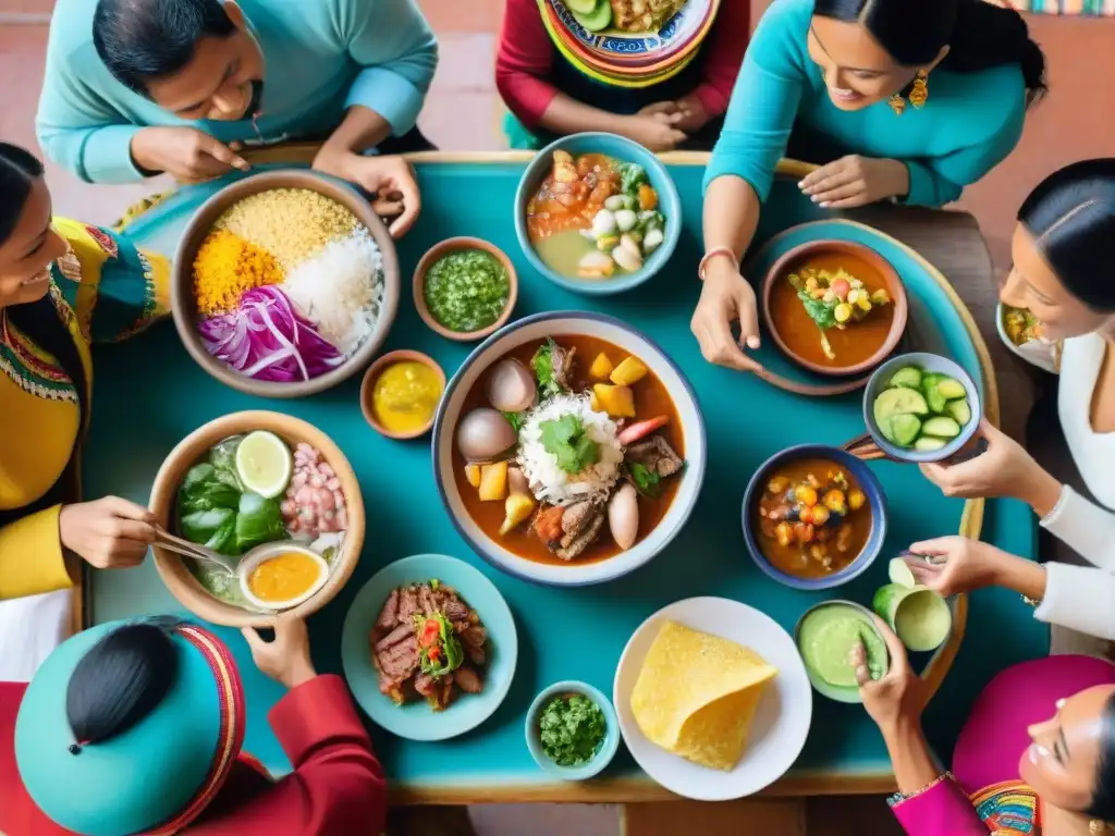 Una familia peruana disfruta de platos tradicionales rodeados de coloridas textiles y cerámica, reflejando la Gastronomía peruana ingredientes autóctonos