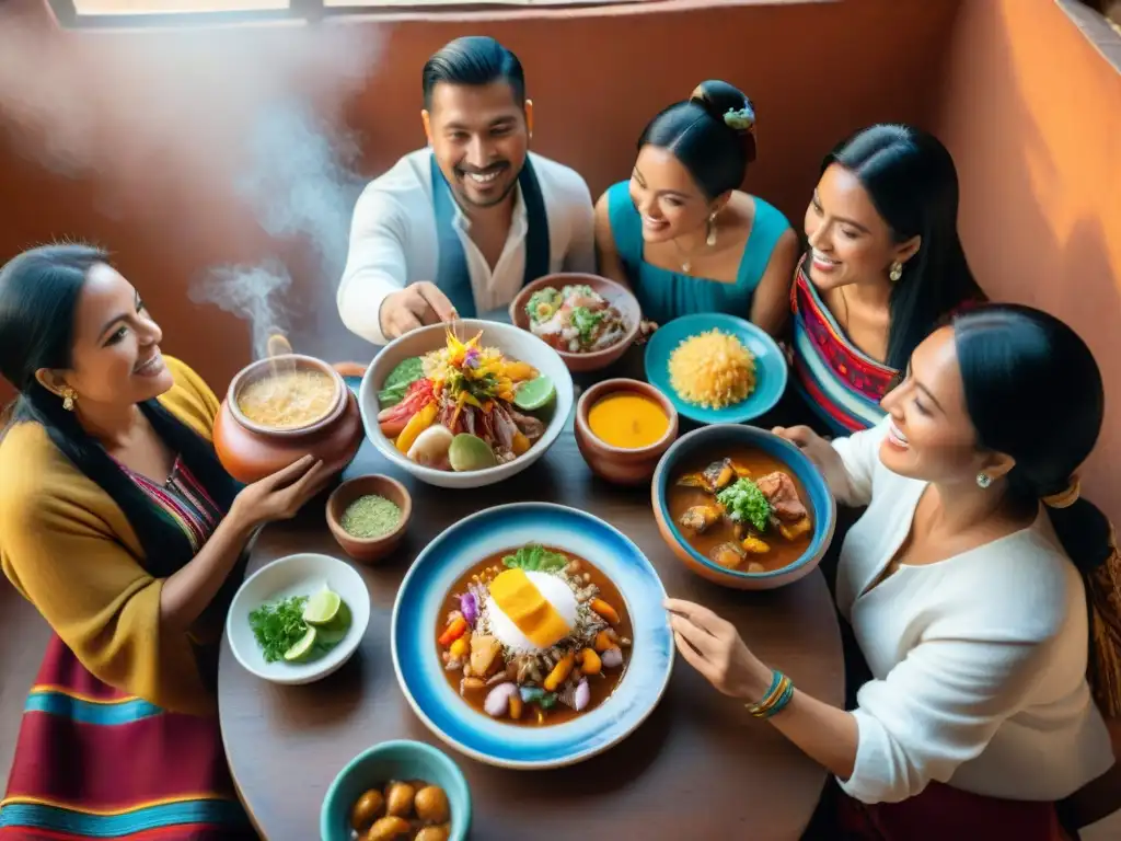 Una familia peruana disfruta de recetas tradicionales de la cocina peruana en una mesa colorida al atardecer