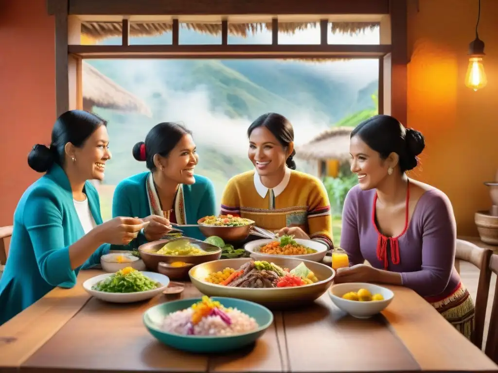 Una familia peruana reunida alrededor de una mesa con platos típicos, en una cocina rústica