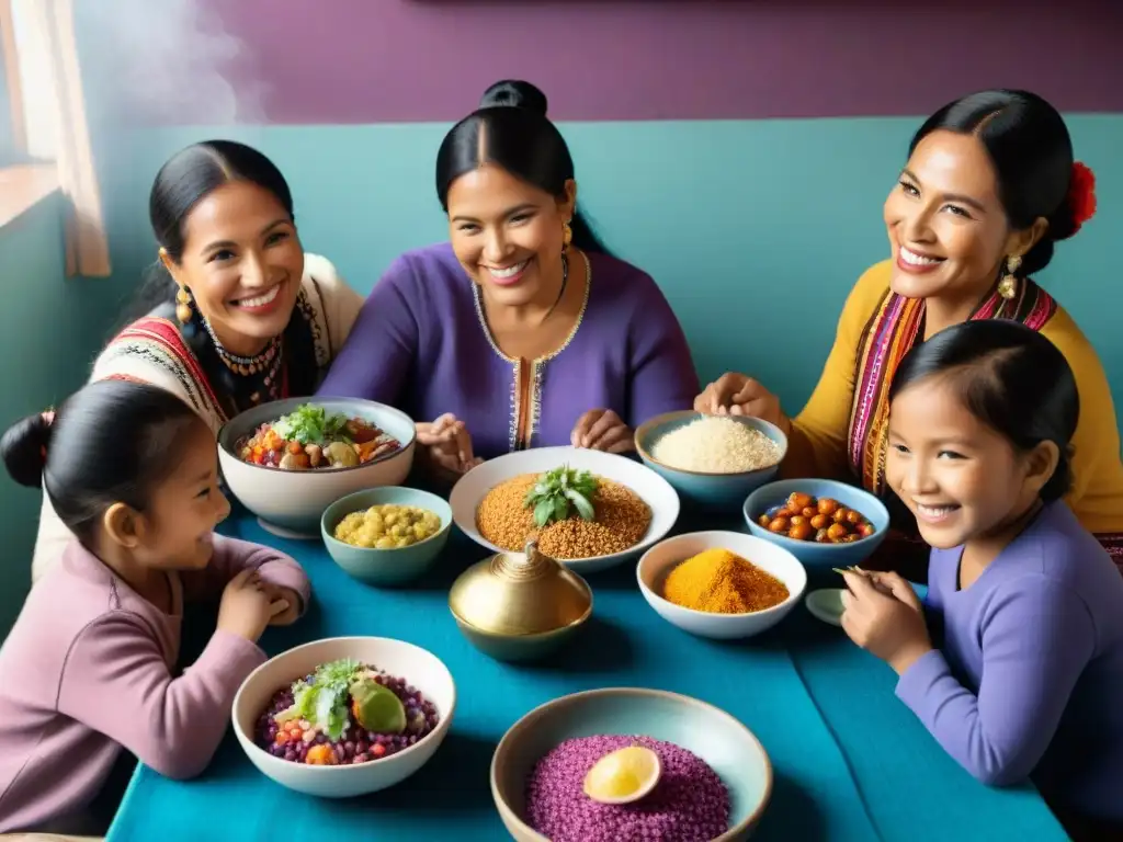 Una familia peruana reunida alrededor de una mesa llena de coloridos platos con ingredientes autóctonos