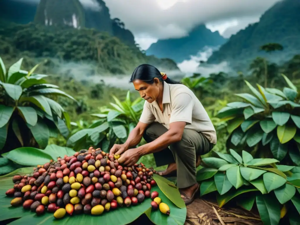 Familia peruana cosechando Sacha Inchi en la selva amazónica