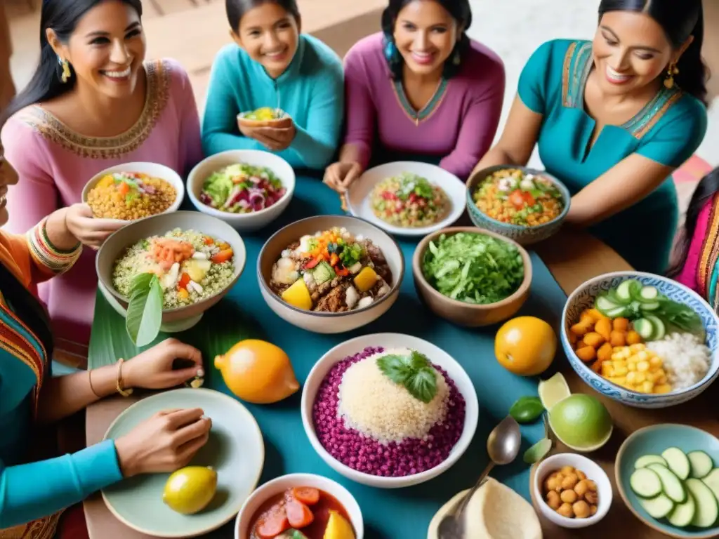 Una familia peruana sonriente comparte platos coloridos y nutritivos en una mesa