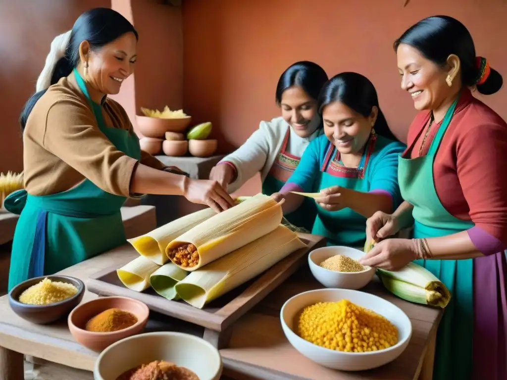 Una familia peruana preparando tamales, envueltos en tradición y colores