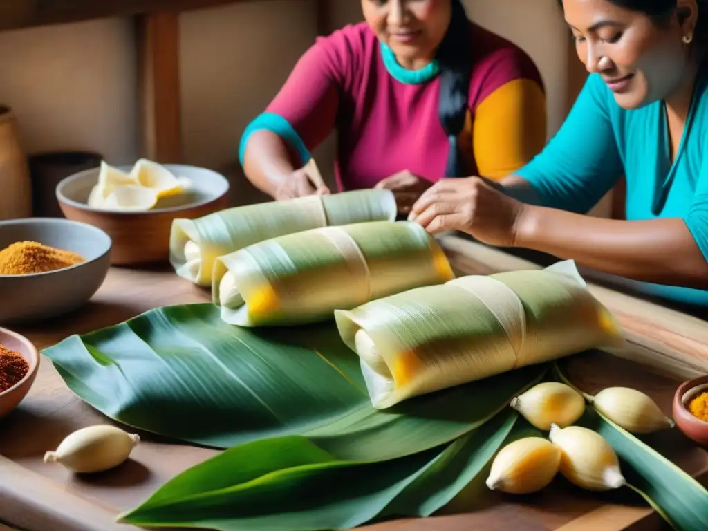 Una familia peruana elaborando tamales juntos en una mesa de madera