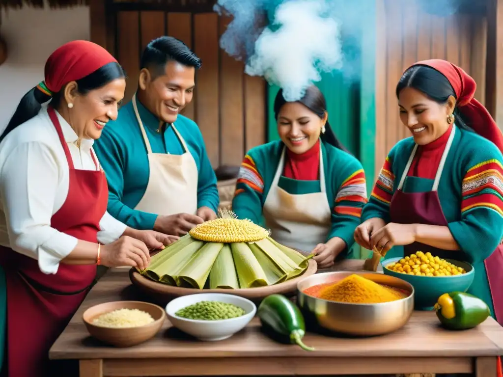 Una familia peruana preparando tamales juntos, en un ambiente alegre y colorido, en una representación de la historia de los tamales peruanos