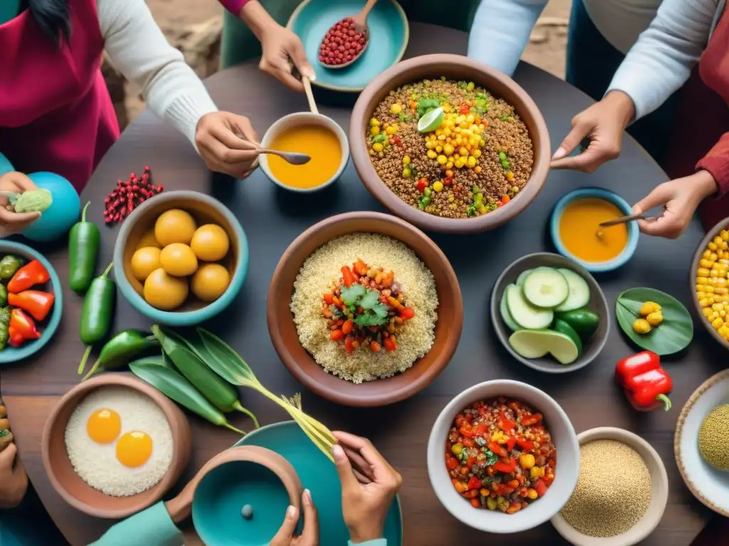 Una familia peruana se reúne en torno a una mesa llena de platillos coloridos con gastronomía peruana ingredientes autóctonos