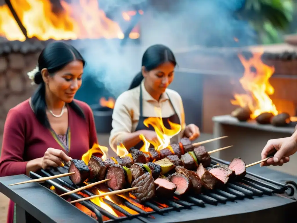 Una familia peruana tradicional preparando anticuchos de corazón de res con maestría en su patio