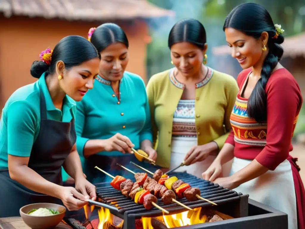 Preparación detallada de anticuchos: tradición peruana en familia Una familia peruana tradicional prepara anticuchos con detalle, rodeados de textiles y cerámica, en su patio