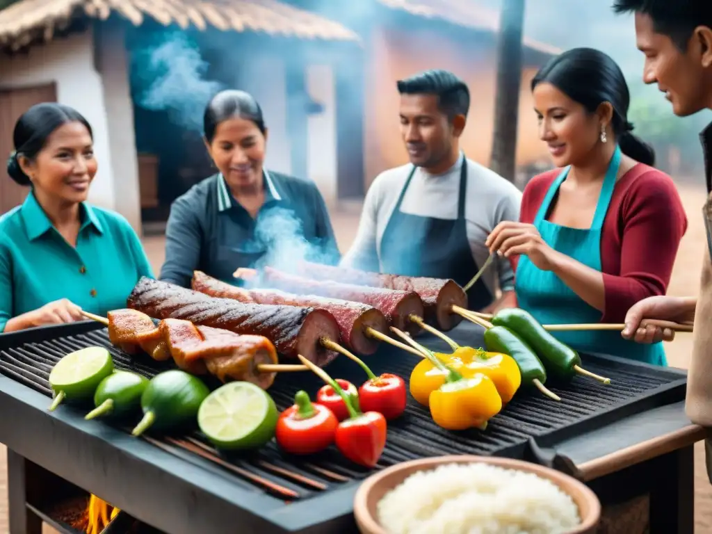 Una familia peruana tradicional preparando anticuchos con receta auténtica en ambiente comunitario