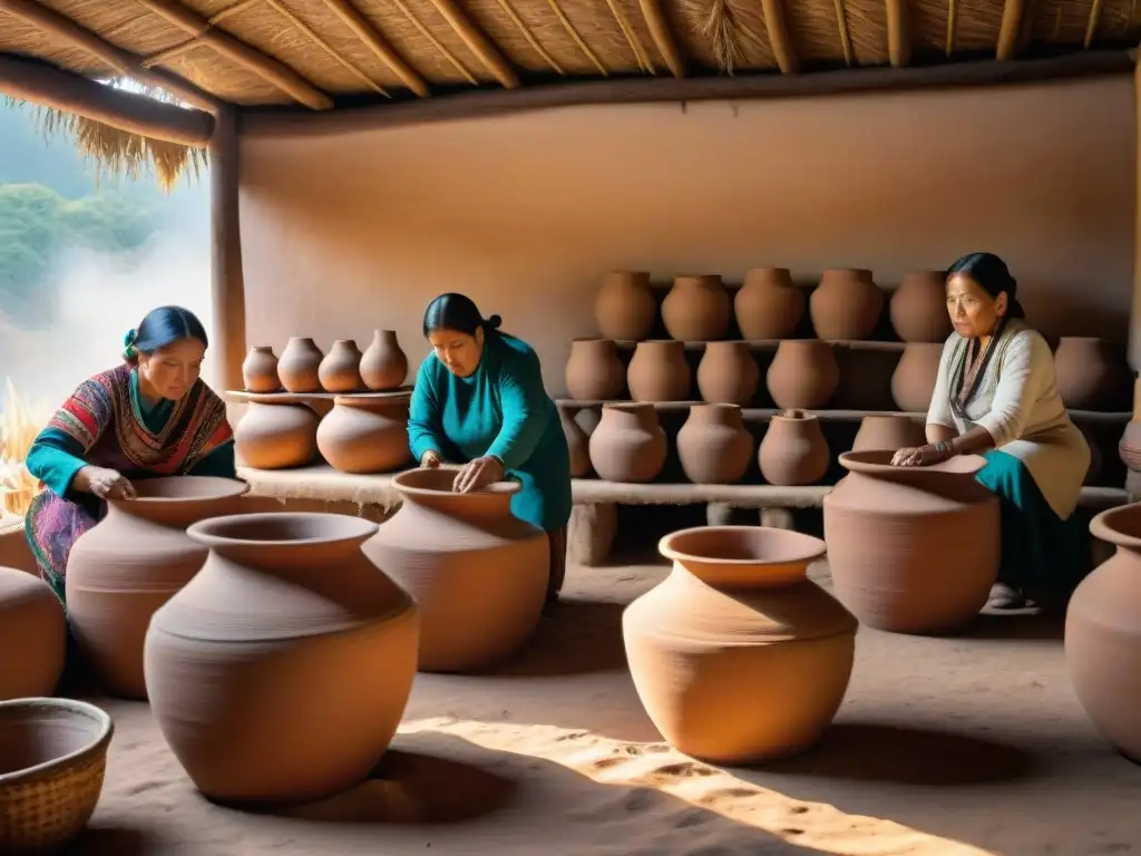 Una familia peruana tradicional preparando chicha en ollas de barro, destacando las técnicas de fermentación indígenas en Perú