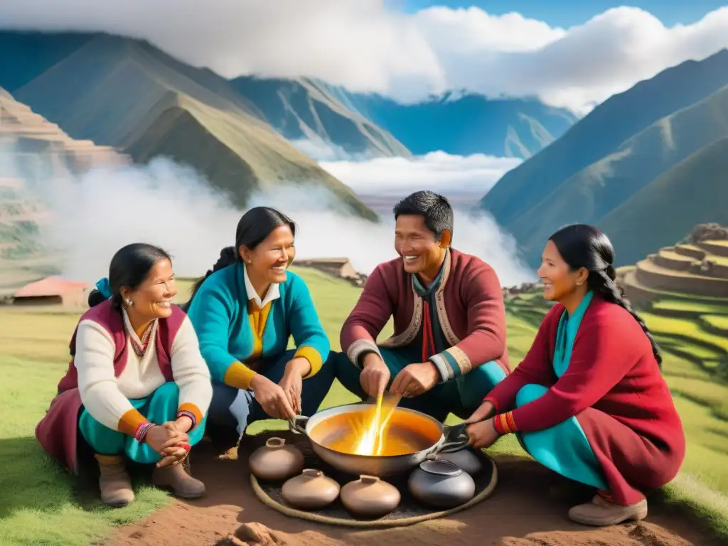 Una familia peruana tradicional cocina con alegría en una cocina solar en Perú, bajo el cálido sol andino