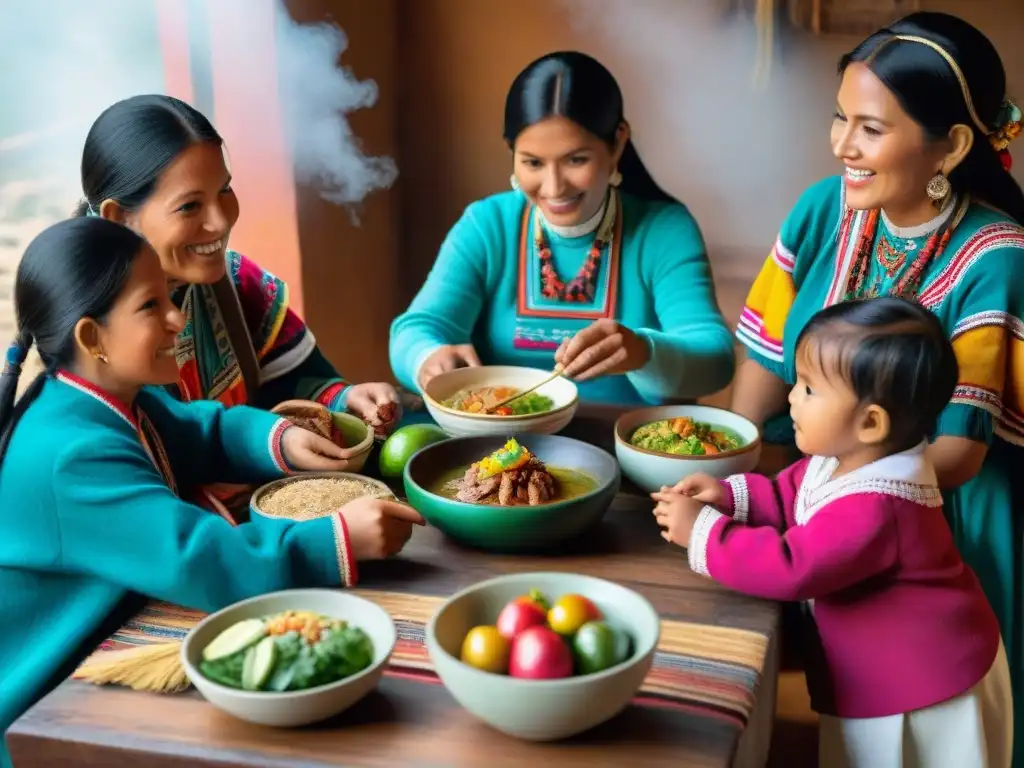 Una familia peruana tradicional comparte alegremente una comida en torno a un cuy, resaltando la historia del cuy como alimento en Perú