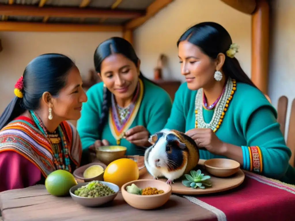 Una familia peruana tradicional en los Andes disfrutando de cuy asado en una mesa de madera, resaltando la historia gastronomía cuy Perú