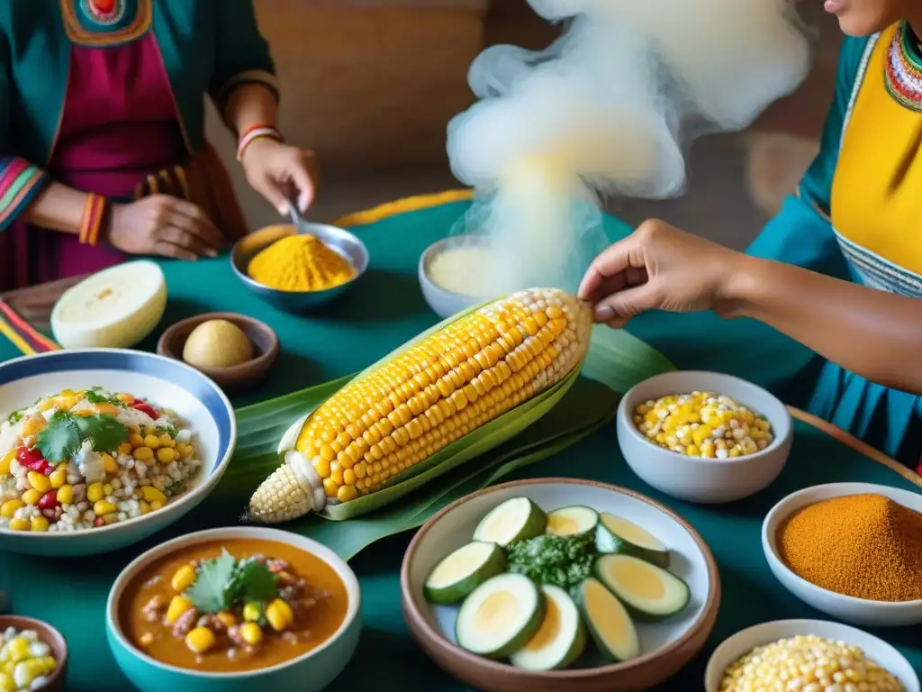 Delicioso banquete familiar: Cultura peruana y maíz Una familia peruana tradicional disfruta de platos de maíz, destacando la importancia de ingredientes autóctonos peruanos