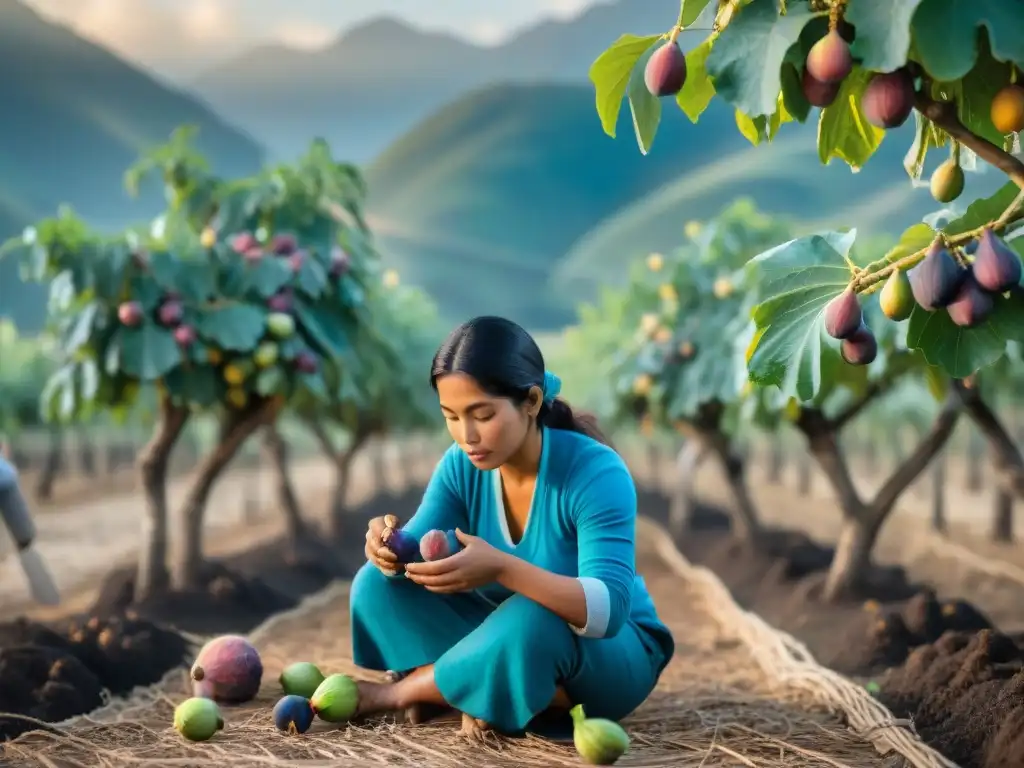 Una familia peruana tradicional cosechando higos maduros en un huerto frondoso bajo el cálido sol