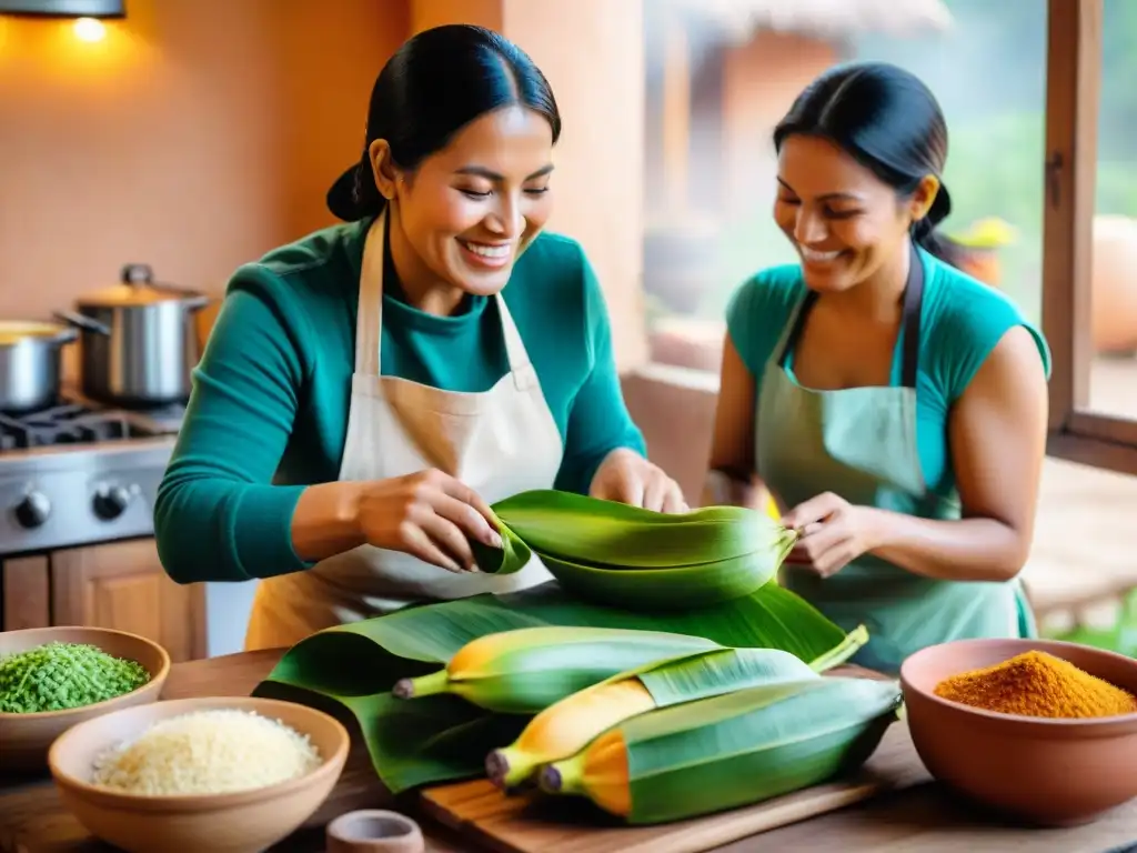 Una familia peruana tradicional disfruta juntos tamales coloridos en una escena hogareña llena de calidez y tradición culinaria