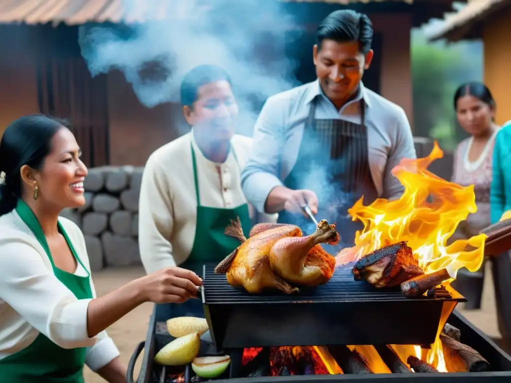 Una familia peruana tradicional se reúne alrededor de una parrilla gigante, ansiosos viendo girar un delicioso Pollo a la Brasa sobre brasas ardientes
