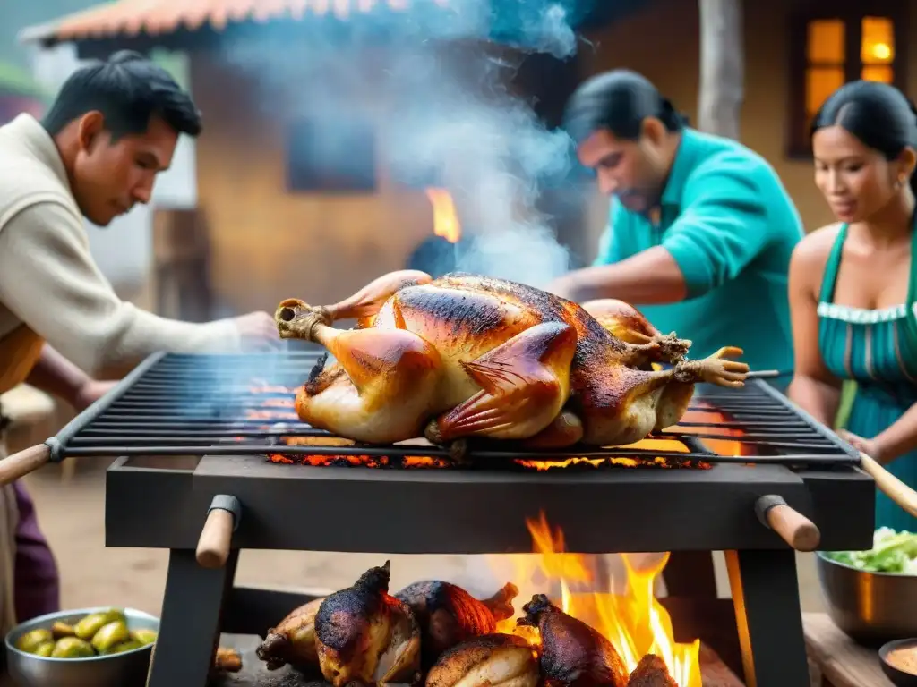 Una familia peruana tradicional prepara pollo a la brasa en una parrilla