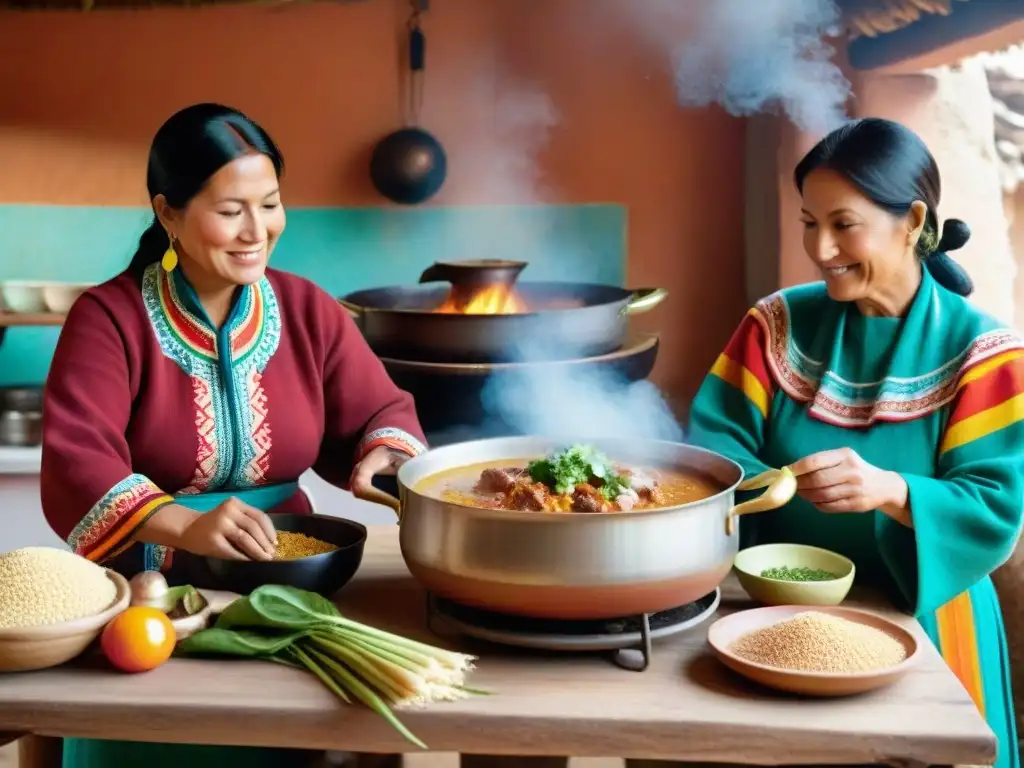 Una familia peruana tradicional comparte receta de guiso de quinua alrededor de una olla humeante