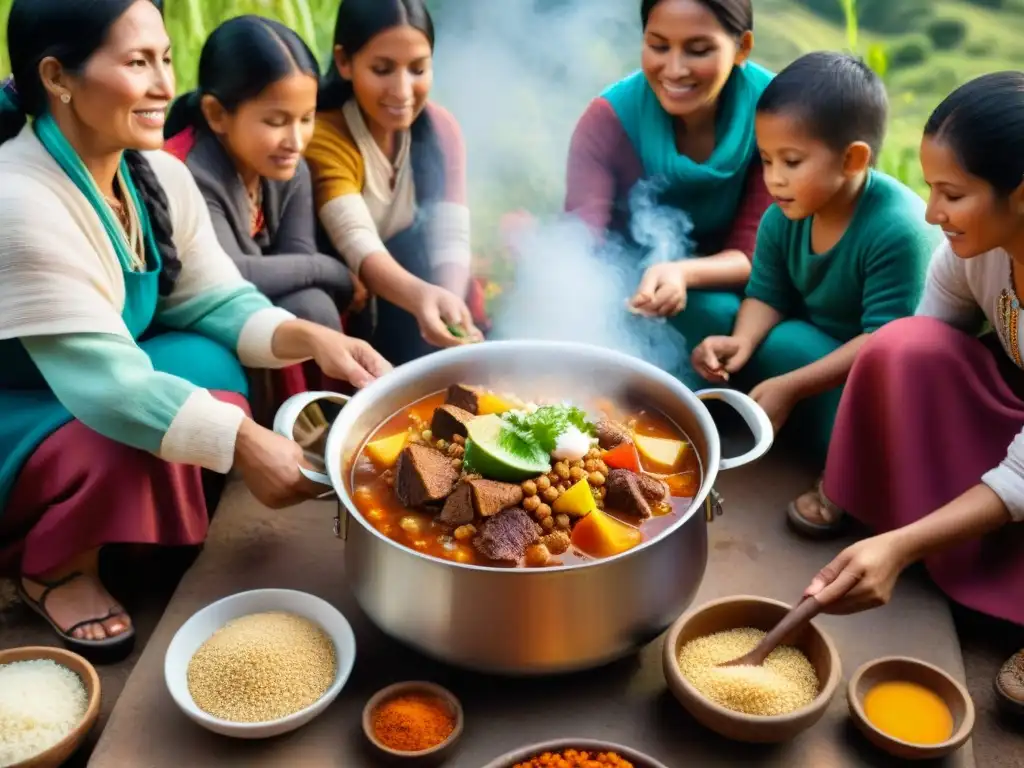 Una familia peruana tradicional reunida alrededor de un gran caldero de guiso de quinua, reflejando la esencia comunitaria de la receta