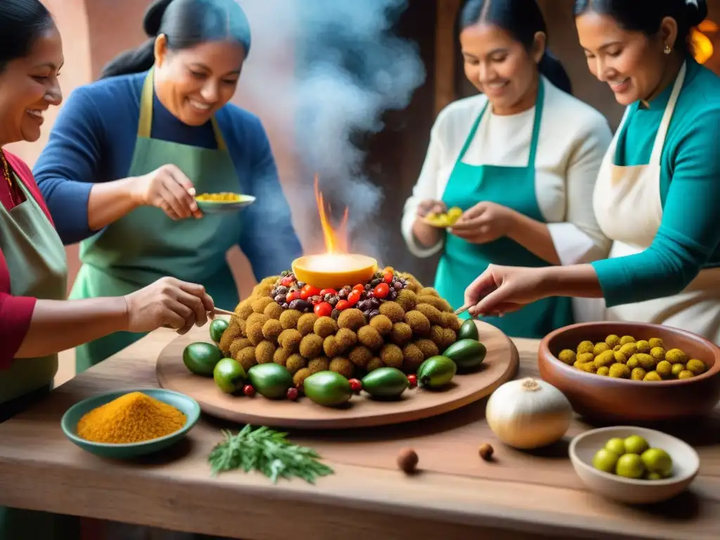 Una familia peruana tradicional prepara Rocoto Relleno juntos en una cocina cálida y acogedora, resaltando los Orígenes del Rocoto Relleno Peruano