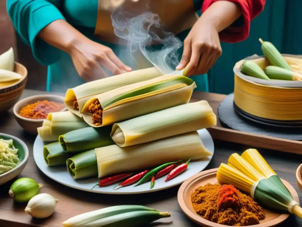 Una familia peruana tradicional preparando tamales coloridos y humeantes, destacando la evolución del tamal peruano tradicional