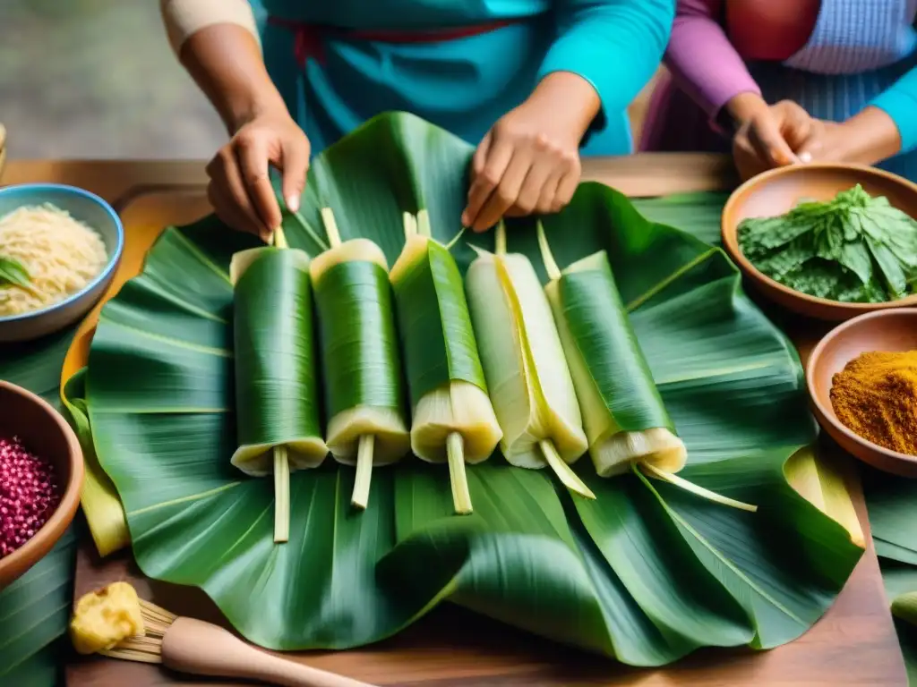 Una familia peruana unida, preparando con destreza tamales