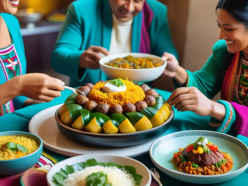 Una familia peruana disfruta unidos del tradicional plato festivo relleno peruano, reflejando calidez y celebración