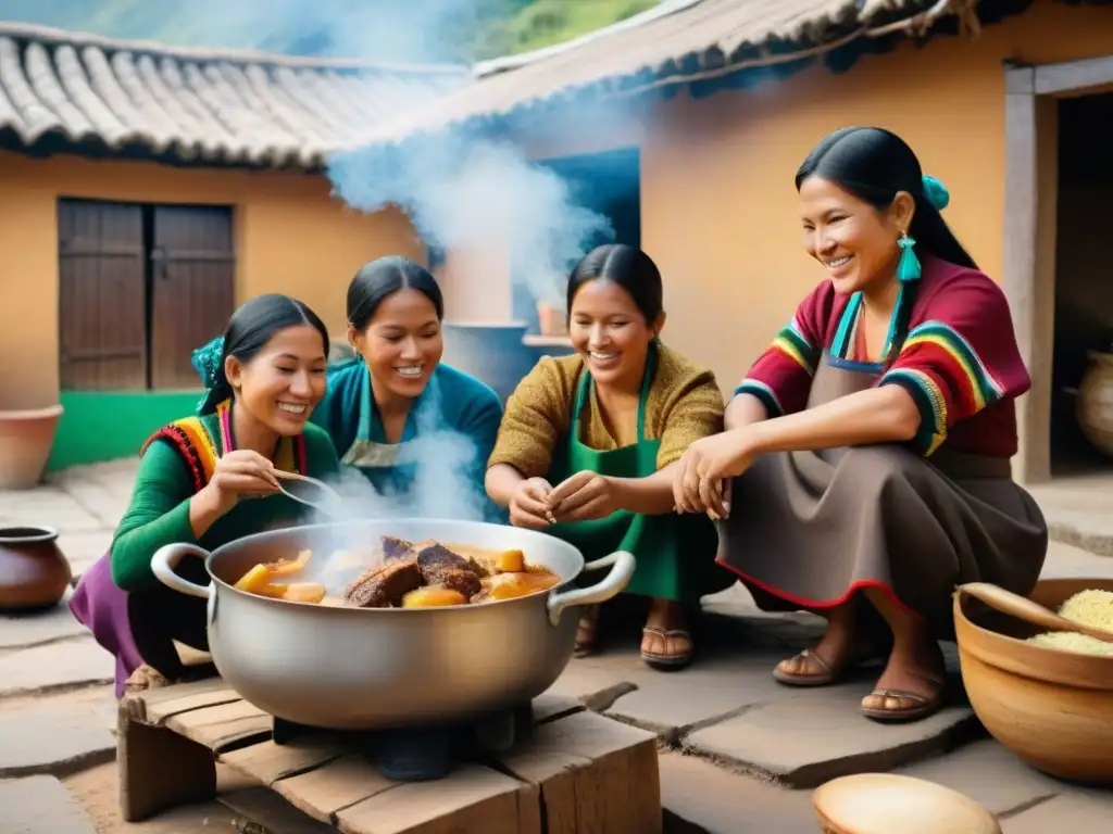 Una familia Arequipeña tradicional cocina juntos un adobo casero en una cocina rústica al aire libre