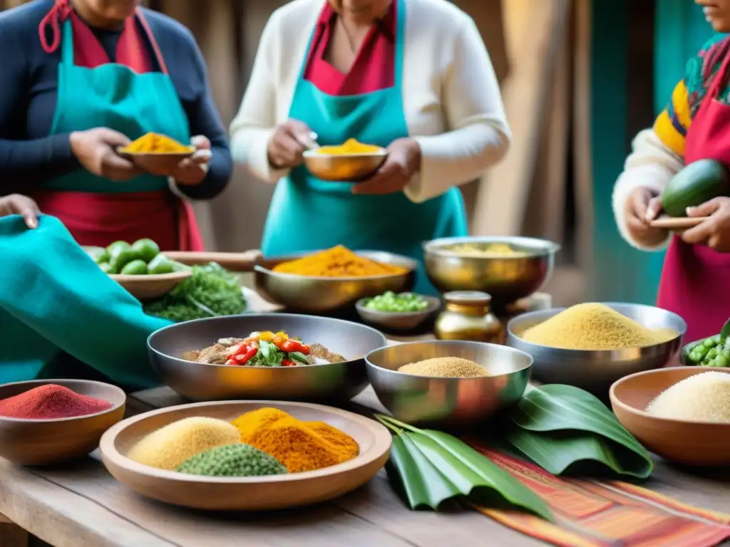 Una familia tradicional peruana preparando coloridos platos en comunidad rural