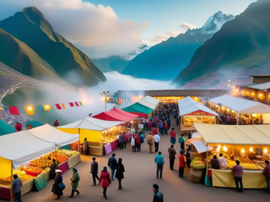 En una feria gastronómica en Perú, coloridos puestos de comida tradicional rodeados de montañas andinas