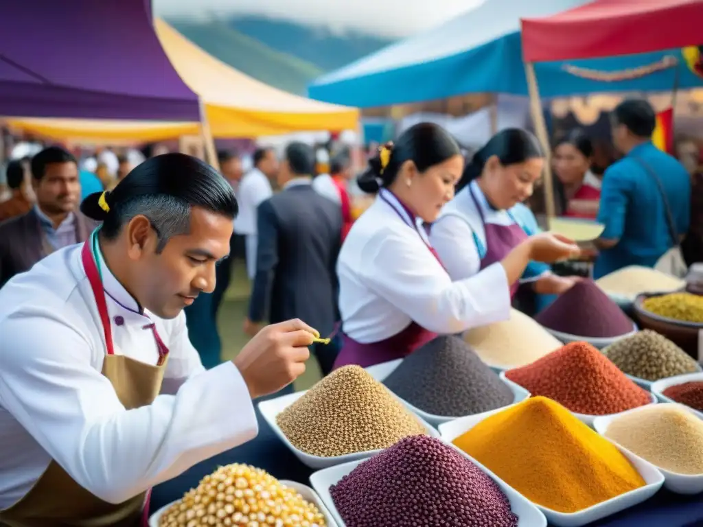 Una feria gastronómica internacional bulliciosa muestra ingredientes peruanos mientras chefs de todo el mundo los prueban y aprenden