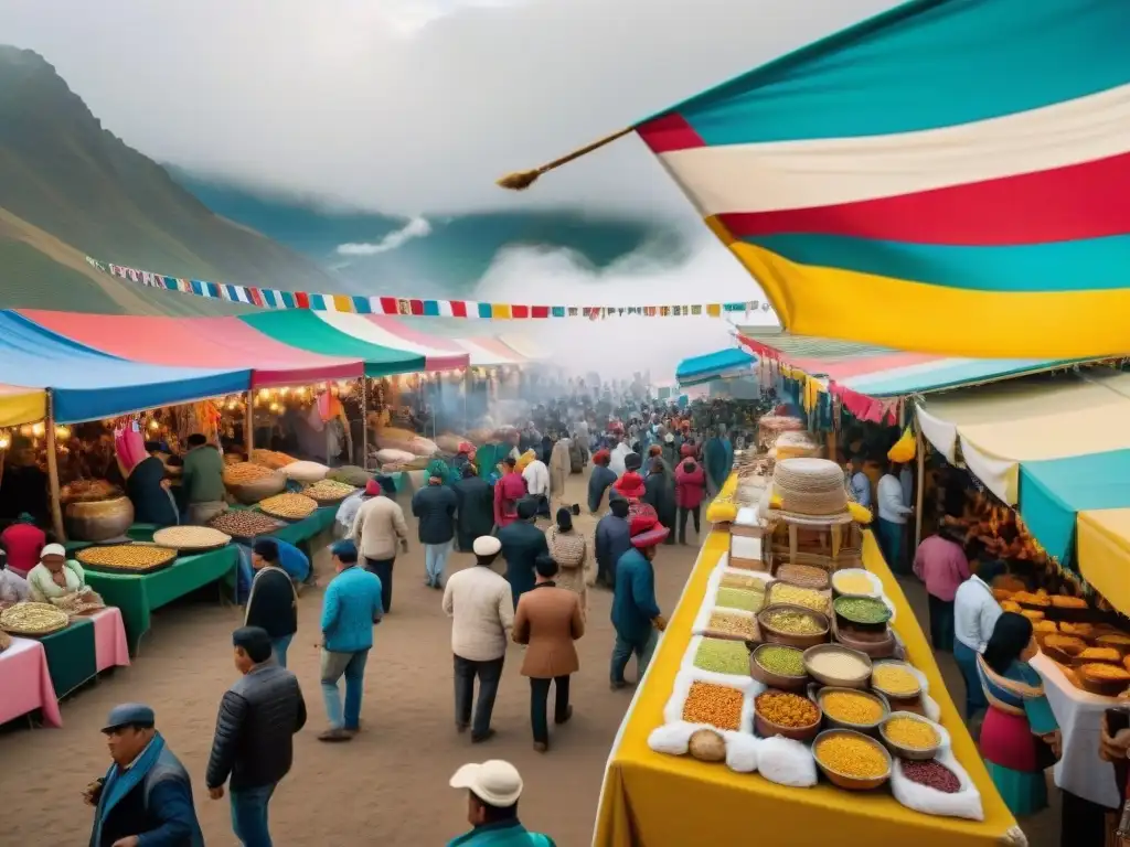 Una feria gastronómica en Perú rebosante de vida, con puestos de comida tradicional y una multitud diversa disfrutando de los sabores peruanos