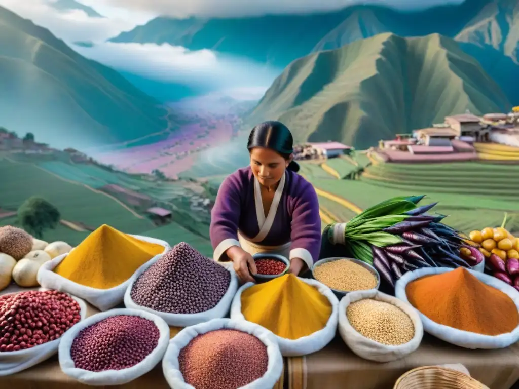 Una feria peruana rebosante de vida, con coloridos ingredientes autóctonos y agricultores locales en trajes tradicionales