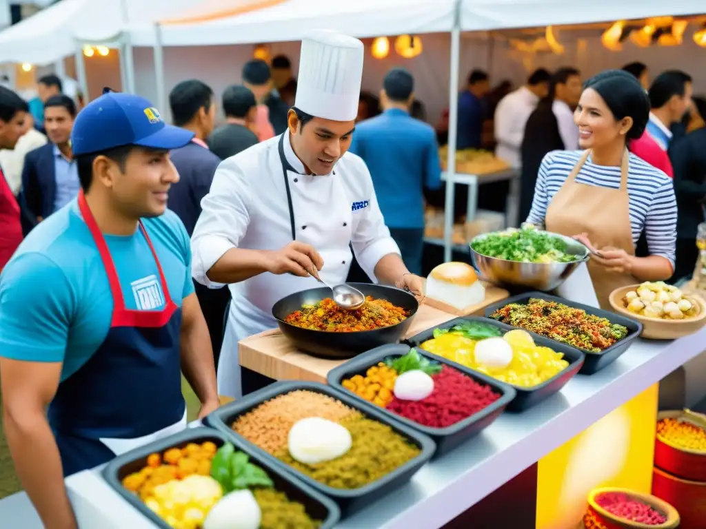 Ferias gastronómicas en Perú: escena vibrante de innovación y emprendimiento culinario con coloridos puestos de comida y chefs apasionados