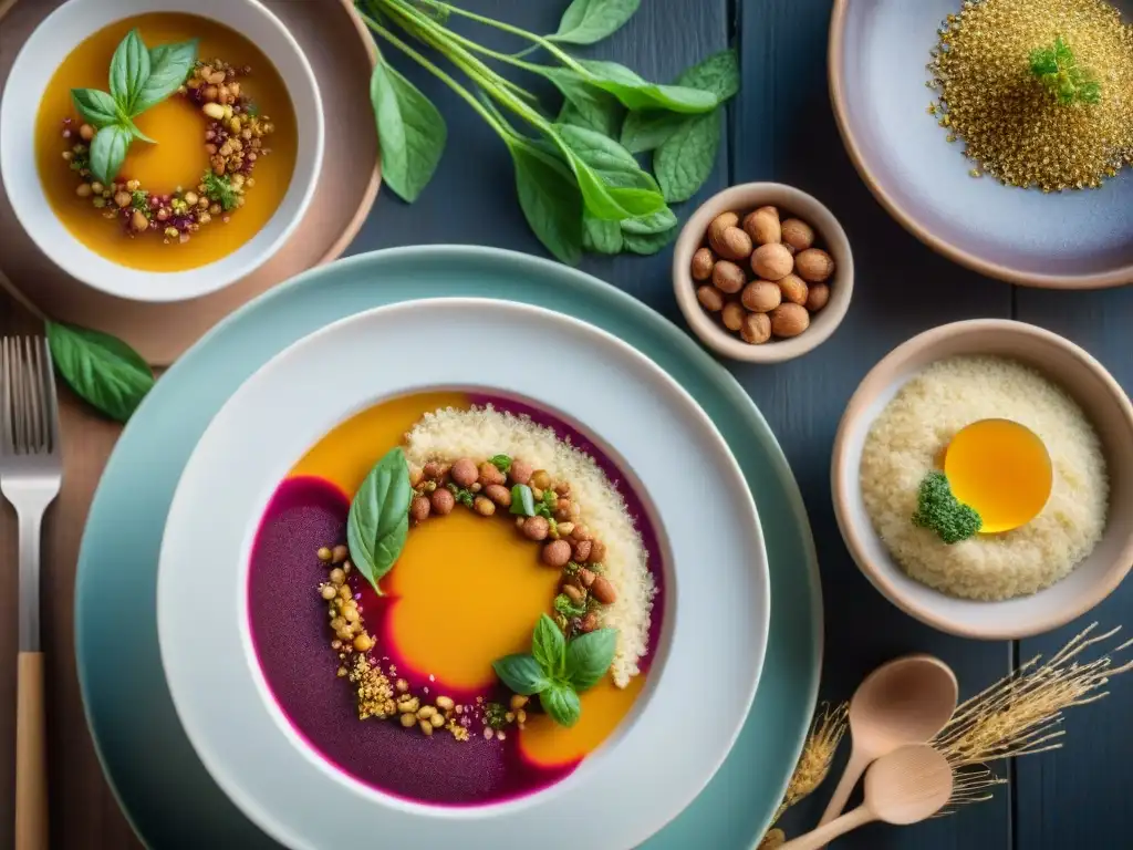 Un festín de beneficios del amaranto en cocina: colorida ensalada, reconfortante sopa y exquisito postre en mesa rústica iluminada