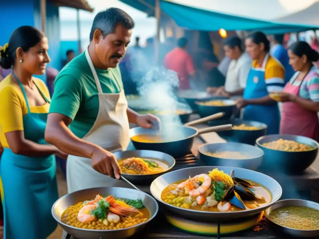 Festín de cocina costeña en Piura y Tumbes con chefs preparando ceviche y arroz con mariscos, mientras el sol se pone sobre la costa