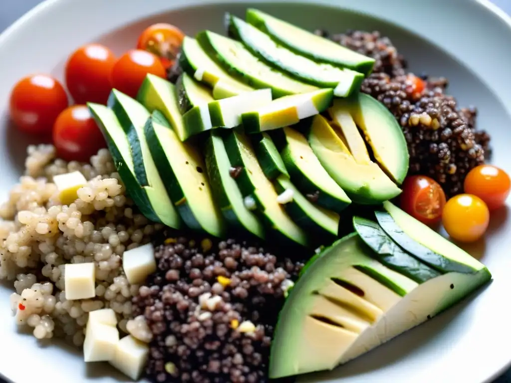 Un festín de colores: ensalada peruana de quinoa con aguacate, tomate y queso fresco, aliñada con lima