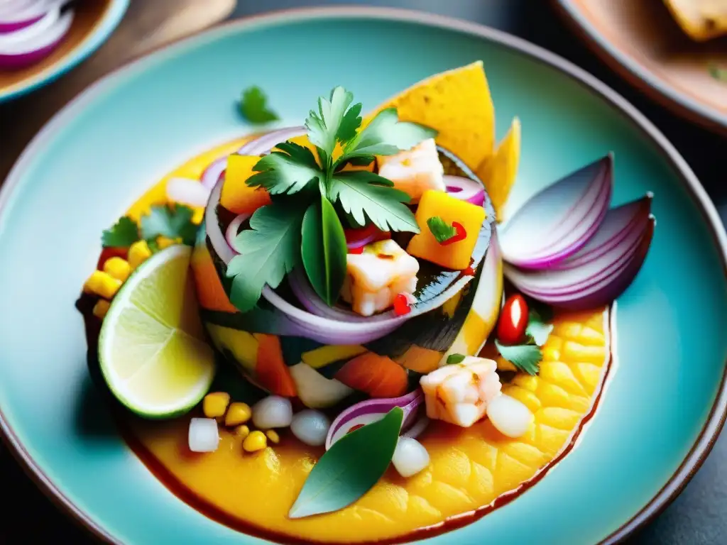 Un festín de colores y texturas en un ceviche peruano tradicional, plato que refleja la gastronomía vibrante del país