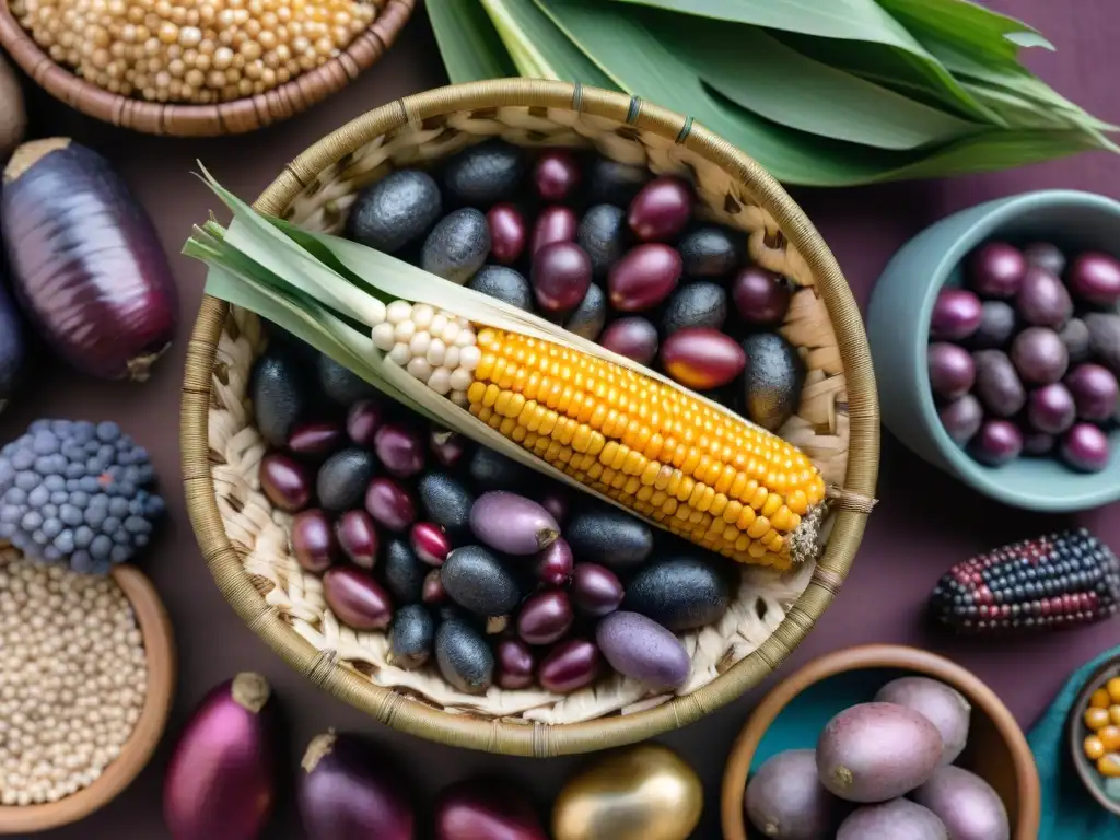 Un festín de colores y texturas de cultivos peruanos en cesta tejida, destacando la biodiversidad agrícola en gastronomía peruana