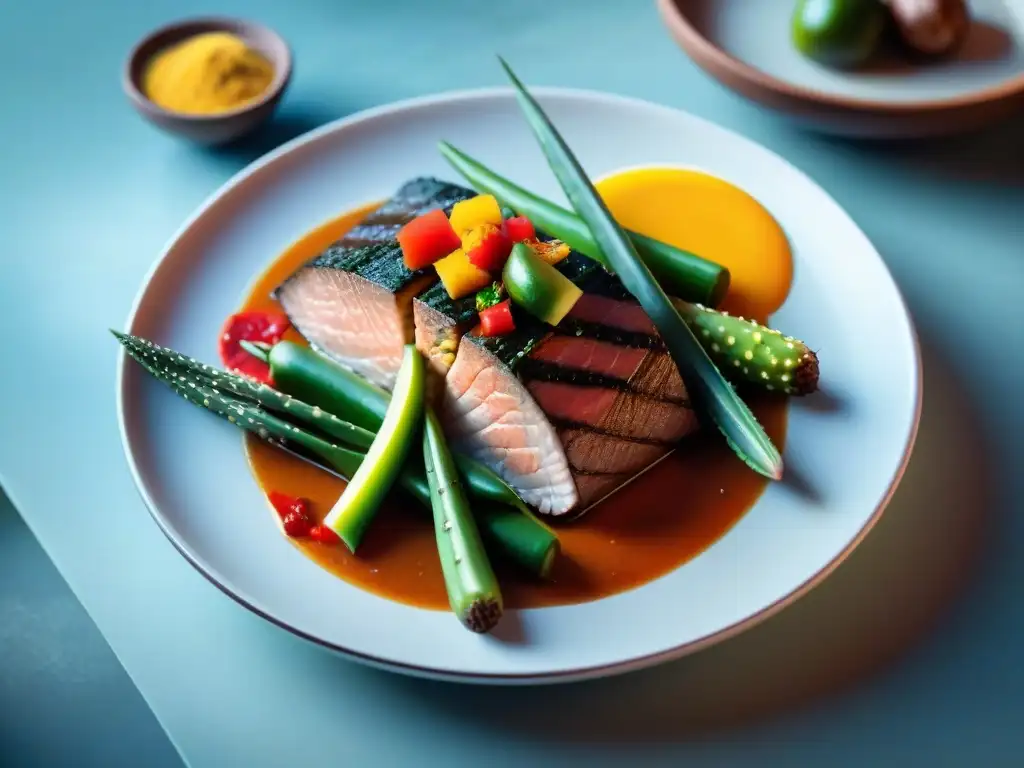 Un festín de colores y texturas en un plato tradicional peruano con tunas y cactus, evocando los sabores del desierto