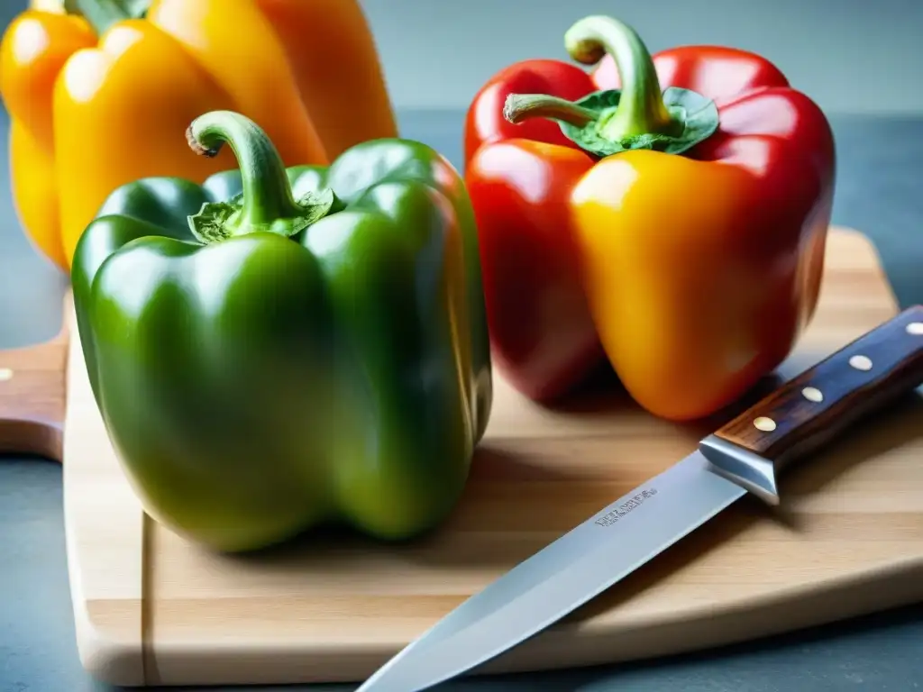 Un festín de colores: variedad de ajíes y pimientos frescos en tabla de cortar de madera, con cuchillo para niños