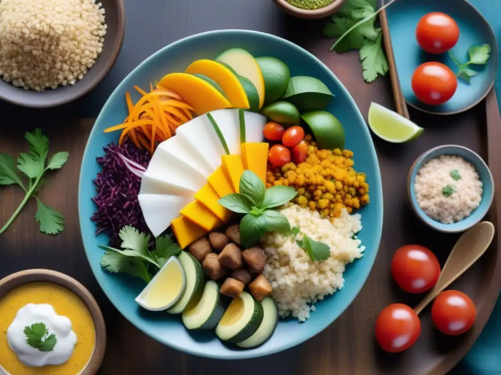 Un festín colorido de platos tradicionales peruanos veganos y vegetarianos, resaltando la diversidad y exquisitez de la cocina peruana