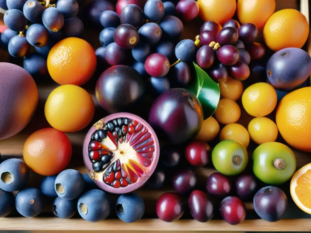 Un festín de frutas exóticas amazónicas en un mercado local, resplandeciendo bajo la luz solar