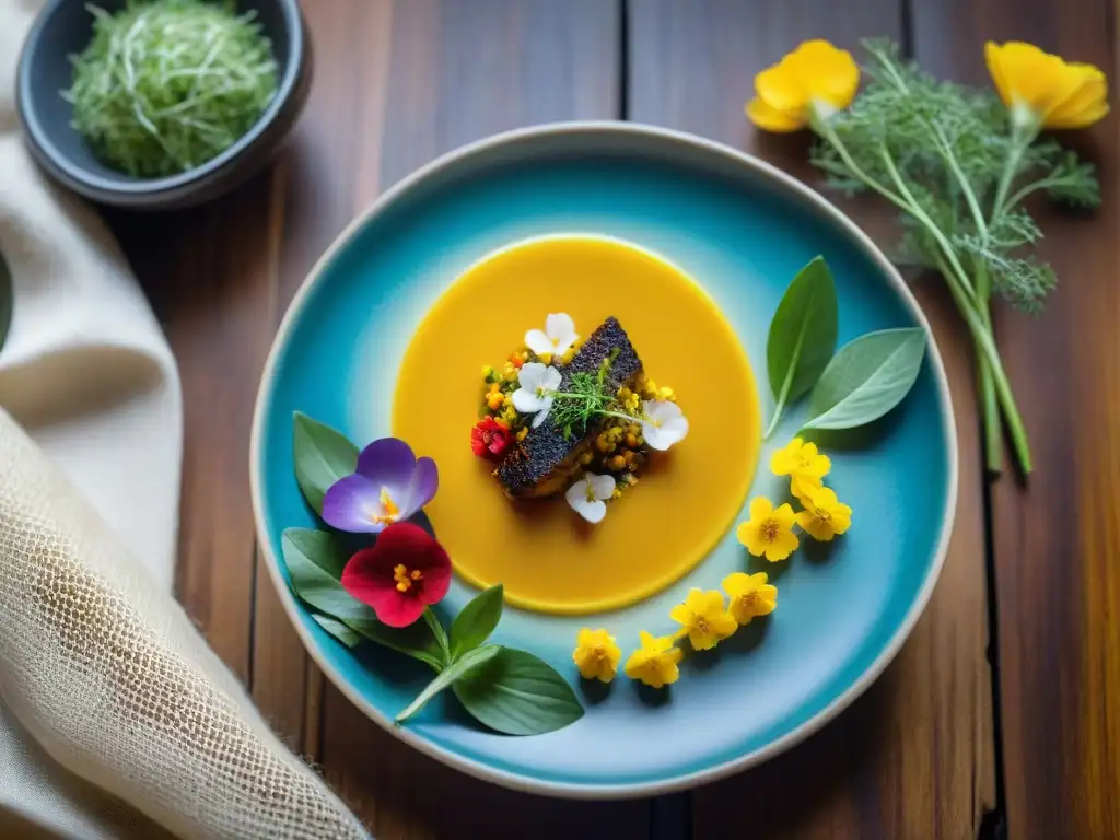 Exquisita obra culinaria peruana con Ají Amarillo Un festín gourmet peruano con Ají Amarillo en un plato elegante sobre mesa rústica