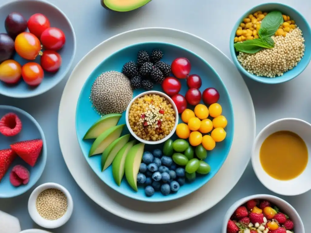 Un festín infantil colorido y creativo con supergranos andinos, rodeado de frutas frescas y vegetales