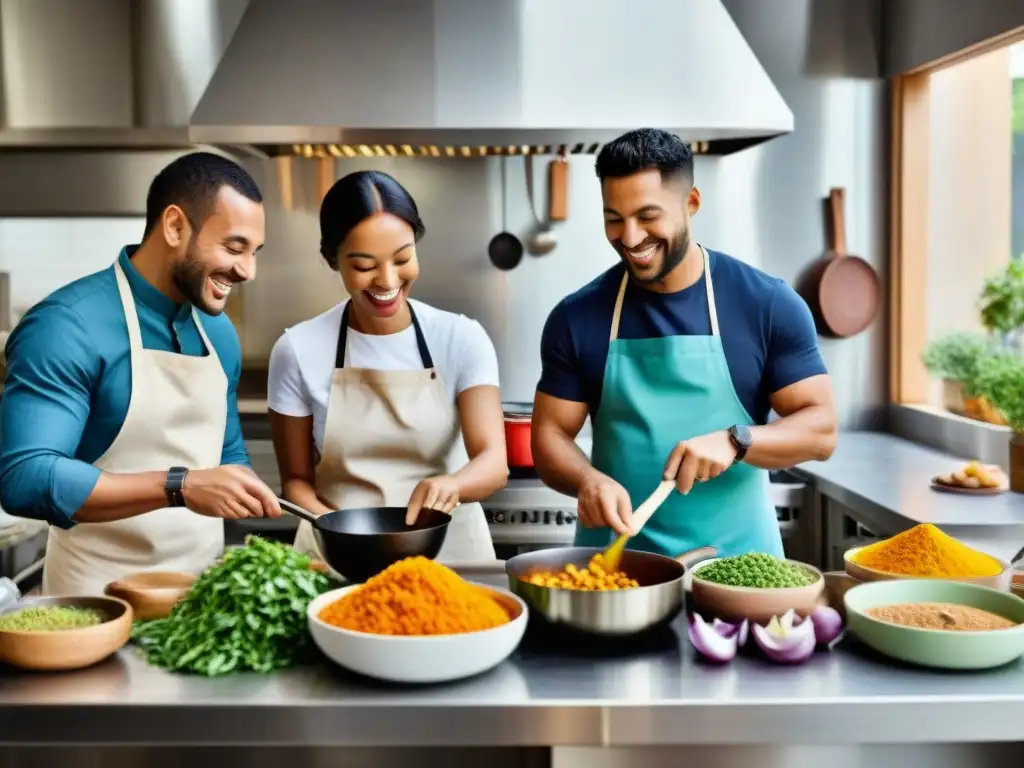 Un festín multicultural: cocineros sonrientes preparan juntos platos deliciosos en una cocina bulliciosa