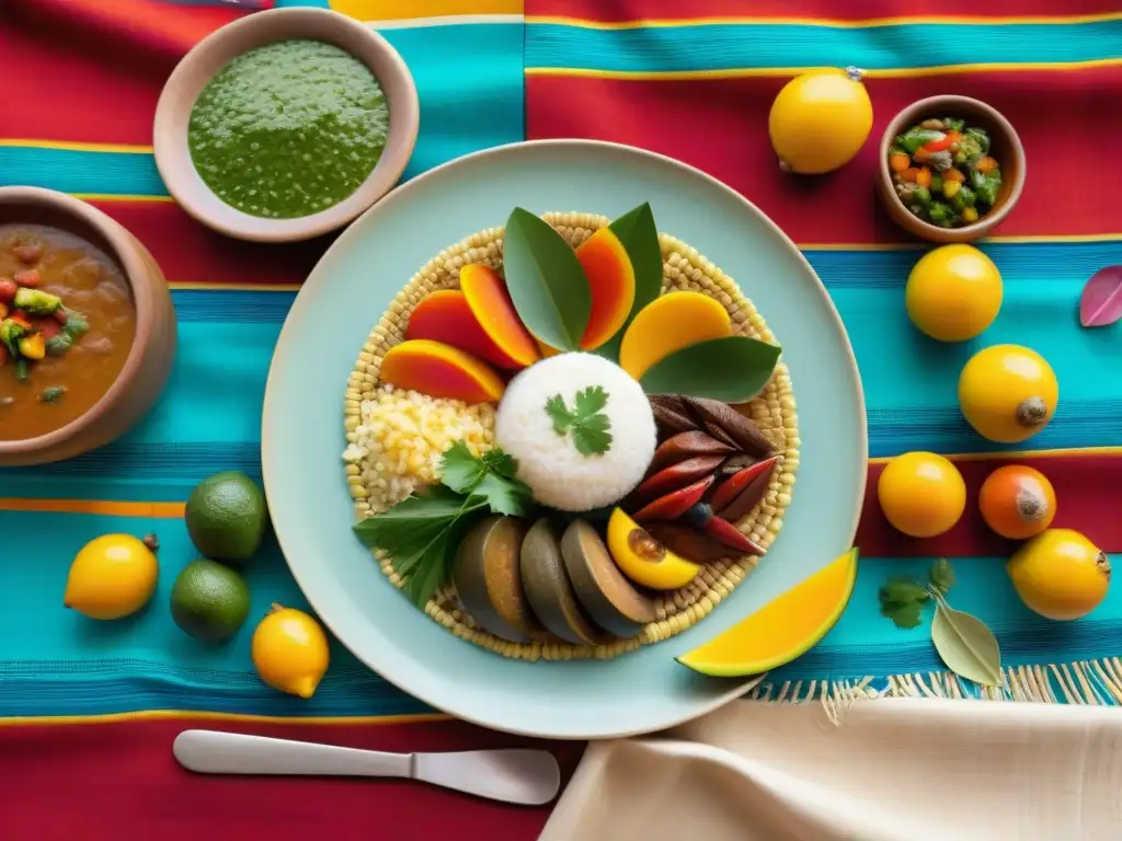 Una festín peruano tradicional en una mesa vibrante y colorida, con platos típicos y frutas exóticas